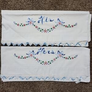 Vintage HIS HERS Pillow Case Cover SET of 2 Blue w/ Crochet Edge 28x20 Inch